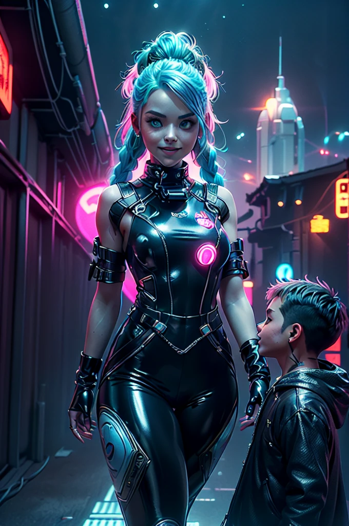 ((Picture in cyber punk style, create two characters), (futuristic , space station, space)))_((In the center of the composition there are two characters, close-up, a boy and a girl - full growth), (a girl in a stylish overalls, a slender figure, dynamic pose), (her clothes look very stylish, futuristic, a lot of details, latex material, textured fabric elements, colors, pink, blue, white), (her image embodies beauty and sympathy, her face radiates happiness, expressive eyes, smile), (her hairstyle, two long braids, hair dyed blue, pink - neon highlights))_((Her partner, a futuristic boy from the future, is dressed in all black, his preference in clothing, dark gothic style, combined with space jumpsuit, sporty stylish), (shoulder-length hair, handsome, black eyes, slender, young, strong body))_((Background, space station, space, technological elements, shine of stars))_((High image quality, stylish picture in cyber punk style, futuristic future, masterpiece), (animation cinematography, stylized realism, Japanese anime, blade runner, apple seed, animatrix), (FULL HD, 18K).