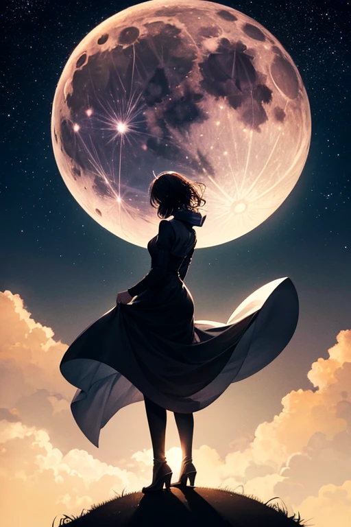 highest quality,Big moon and shadow,A silhouette of a person can be seen against the backdrop of a large moon.,There is one full moon,There is a mood,Beautiful scenery,Starry Sky