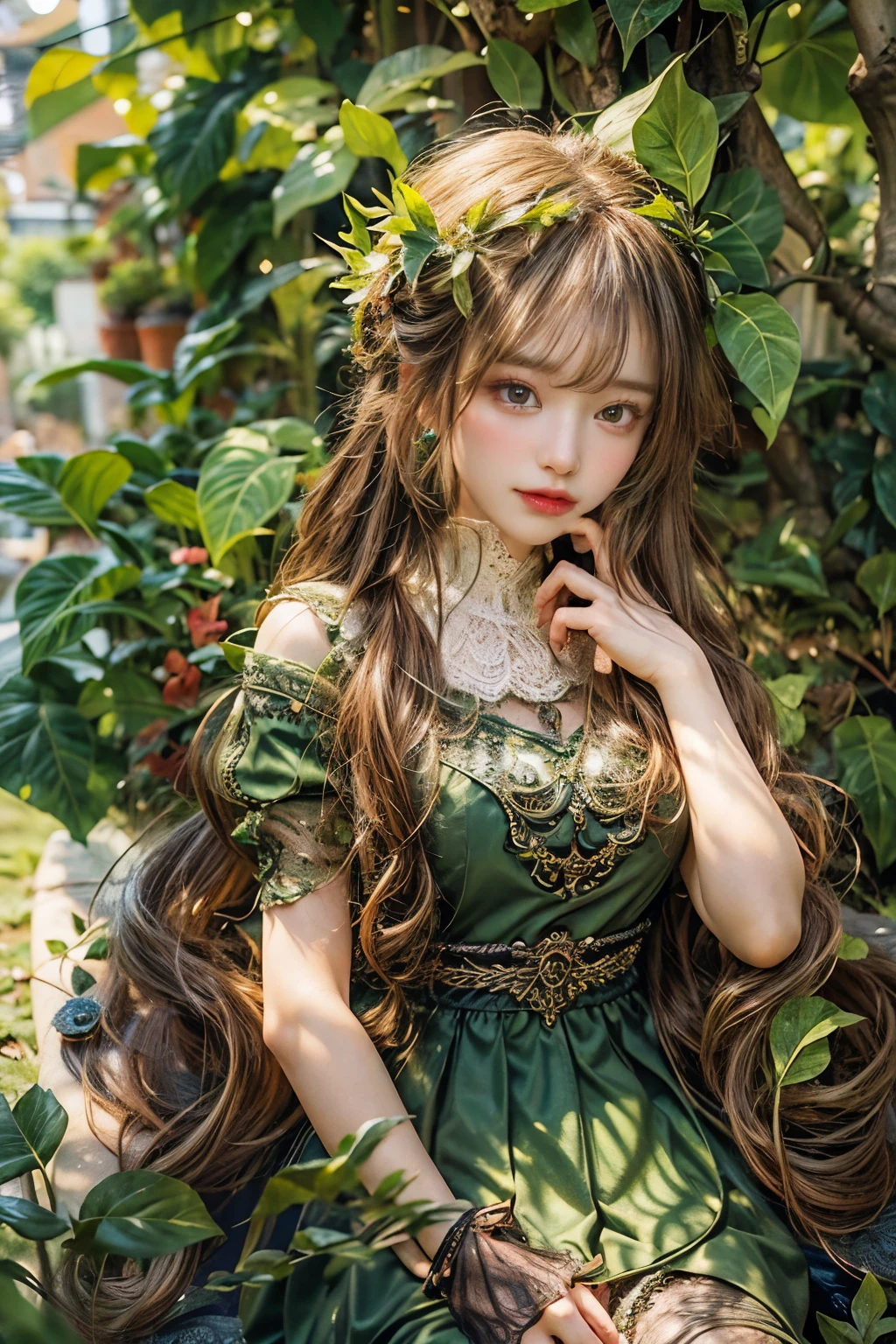 (masterpiece, best quality), super detail, highres, photorealistic, 8K, HD, 1girl, long hair, detailed eyes, detailed lips, detailed face, theme park, summers vibes, Poison Ivy costume, green dress, vines and leaves, intricate and ornate leaf patterns, morning sunlight, beauty and poison