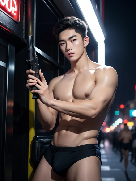 a man, naked、tight swimwear 、Short Hair、Hairstyle with forehead、Thick eyebrows、Serious expression、Posing、A city with a night view、Neon Street、hold a gun in one hand、Visible up to the legs、 shirtless , realistic handsome Korean face , modest muscles , masterpiece、A high resolution、detailed face、glowing skin、(Asian)、(young、ager)、Handsome、detailed background