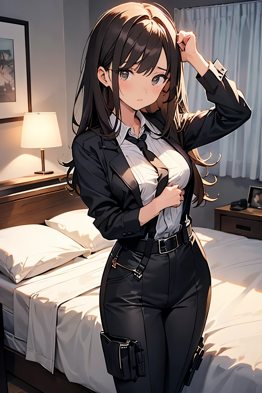 Brown Hair、Staring at the audience　　　Black suspenders　　　bulging big breasts　　 　 　　　wall: 　Black pantsuit　　　　　　sight　　　Small face　 　　　holster　　　Beautiful woman　　Show your hand　　 Lying in bed　　sight 　　Taunt　side　side汗 　arm　Dress shirt　Black Suit　belt