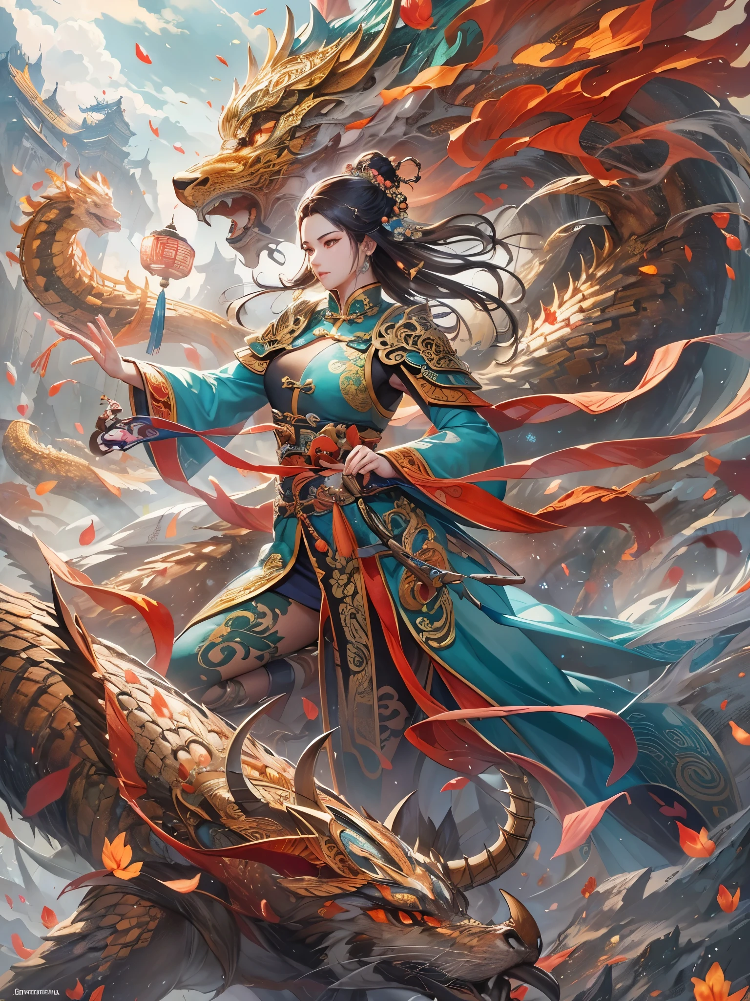 ((highest quality)),(Ultra-high resolution),(Super detailed new),(Detailed Description),((The best CG)),(A masterpiece),Ultra-detailed art,A wonderful new art form,(Chinese fantasy art with intricate details:1.5), fist, dragon,