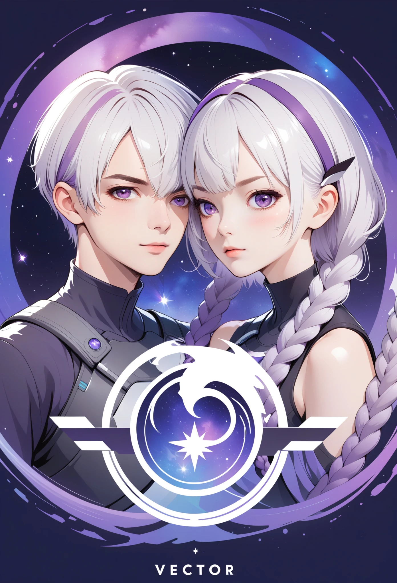 graphic design，Vector Art，Smooth lines，Minimalist style，Couple poster design：2 people，Boys short hair，Purple Eyes，White hair，Girl with purple long braids，Galaxy theme