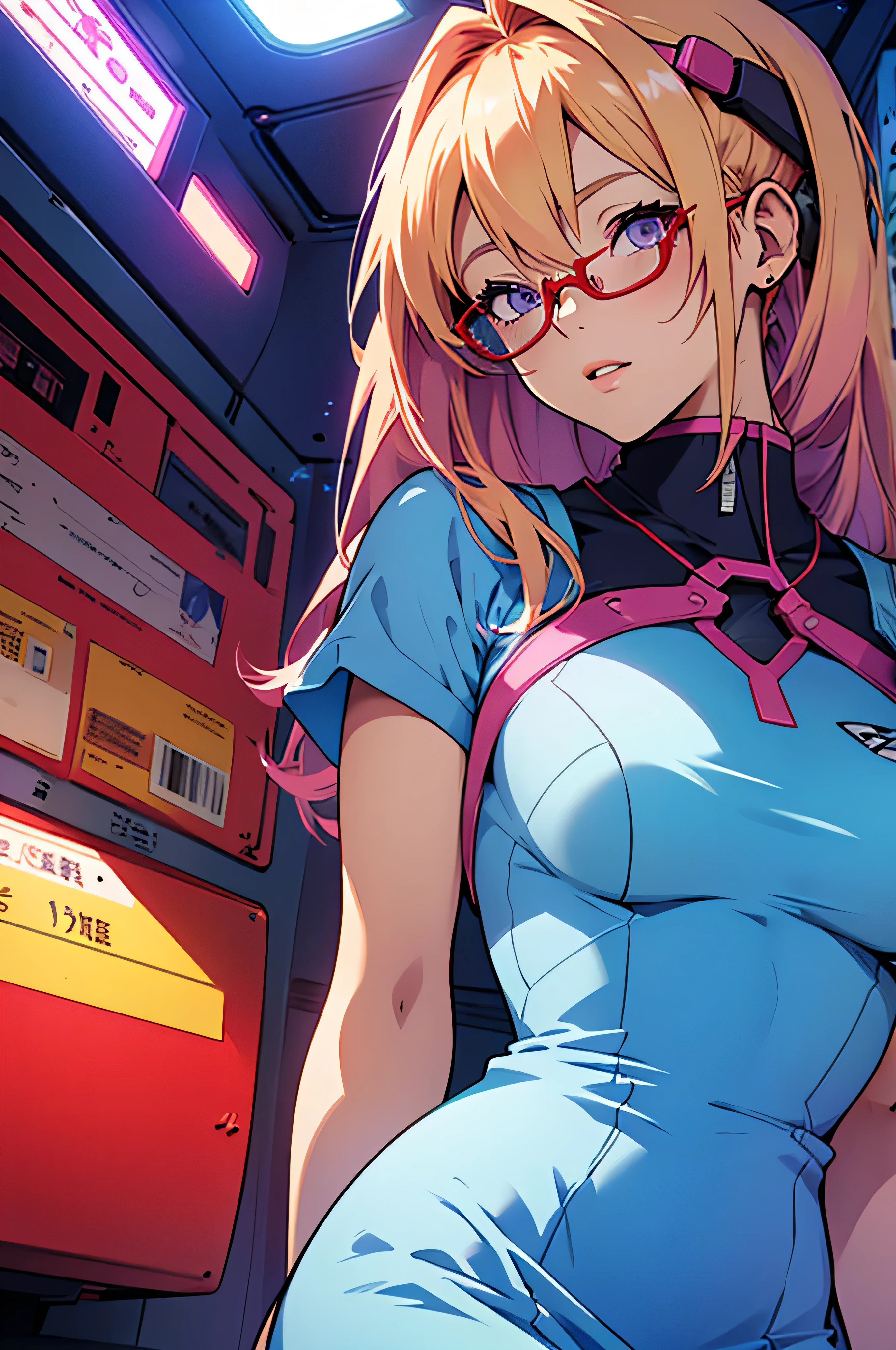 anime,An illustration,purple robot,Mobile Suit,Dom,Light blue check dress,Red glasses,Blonde,Light blue mesh hair,beautiful girl,Sora Sakurano,one person