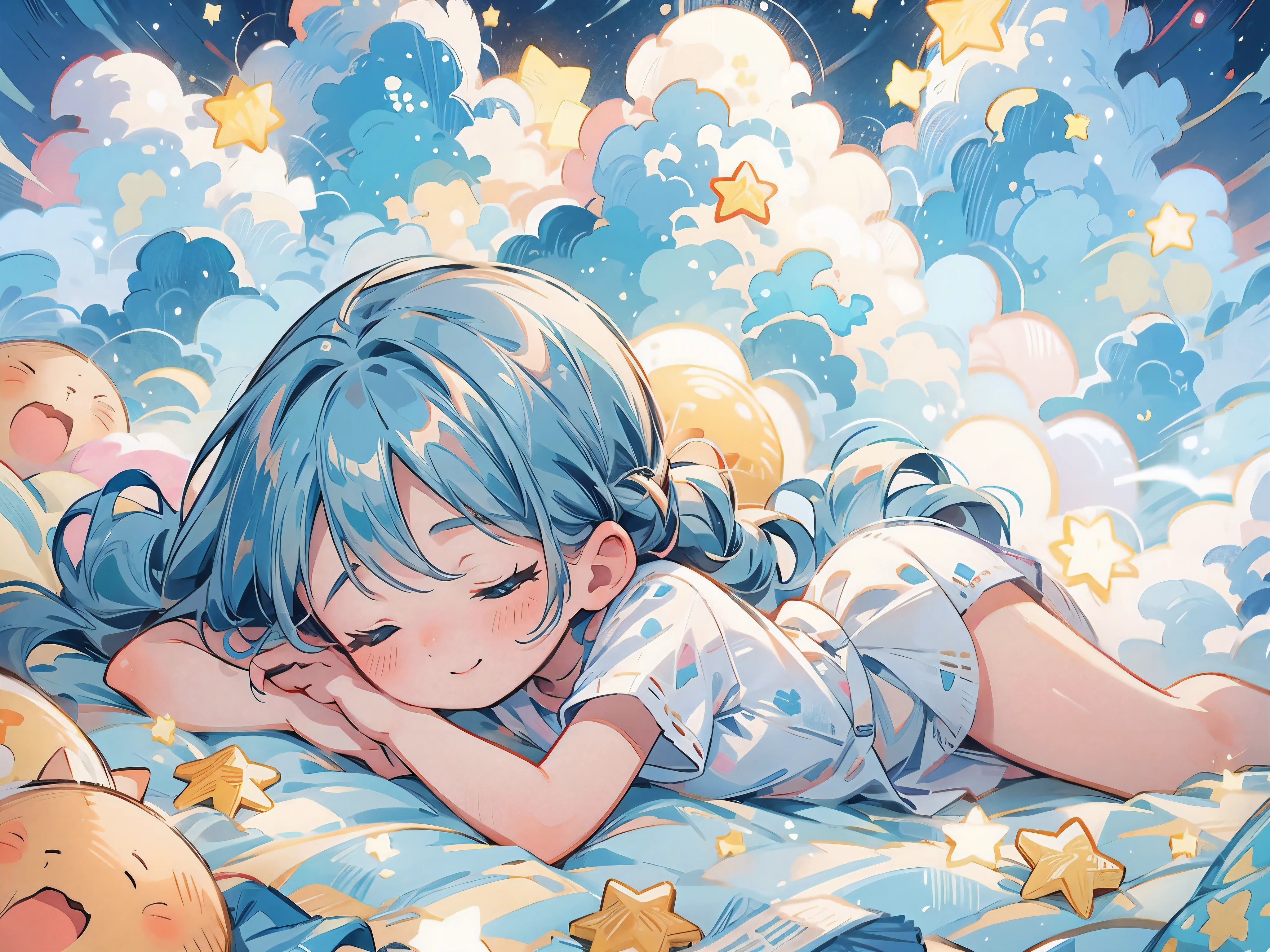 A girl, teal hair, ponytail on both sides, Cyan eyes, Character Hatsune Miku, permanent, Sleeping in cloud, Sleeping on Pillow, Happy, Lovely, Closed eyes, Break, Towards you, POV, when she sleeps next to you, Pillow, cloud, Star, cloud-Bed and night-sky background, anime, illustration, high quality CG, Fair,