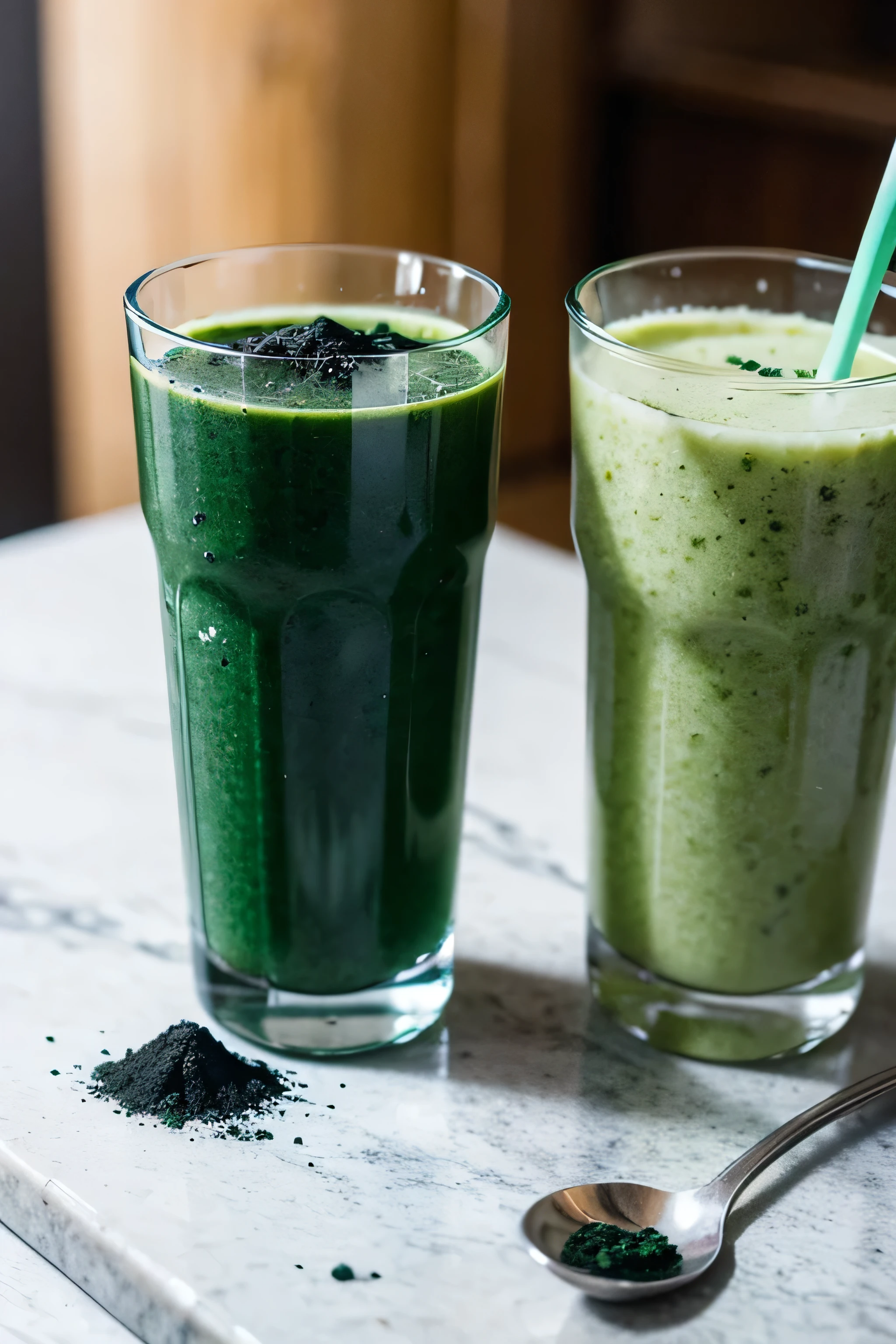 close up of a spirulina smoothie, adding a spoon of spirulina in the smoothie, silver spoon, modern glass