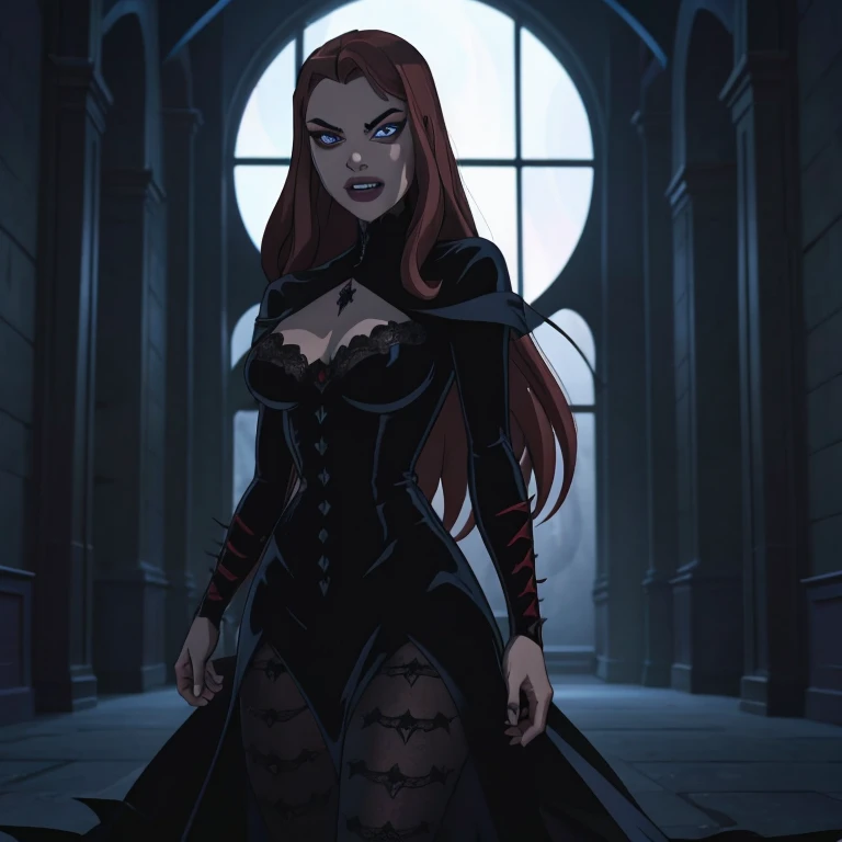 a lady dracula in black lace bride dress, enchanting glowing blue eyes, long red hair, sexy body, thin waist, detailed portrait, elegant, gothic, dark fantasy, dramatic lighting, cinematic, highly detailed, 4k, photorealistic, dark eerie atmosphere, dramatic shadows, dramatic colors, seductive pose, ((glowing eyes)) , long teeth vampire, dead white skin, unholy churche, bloody red flowers