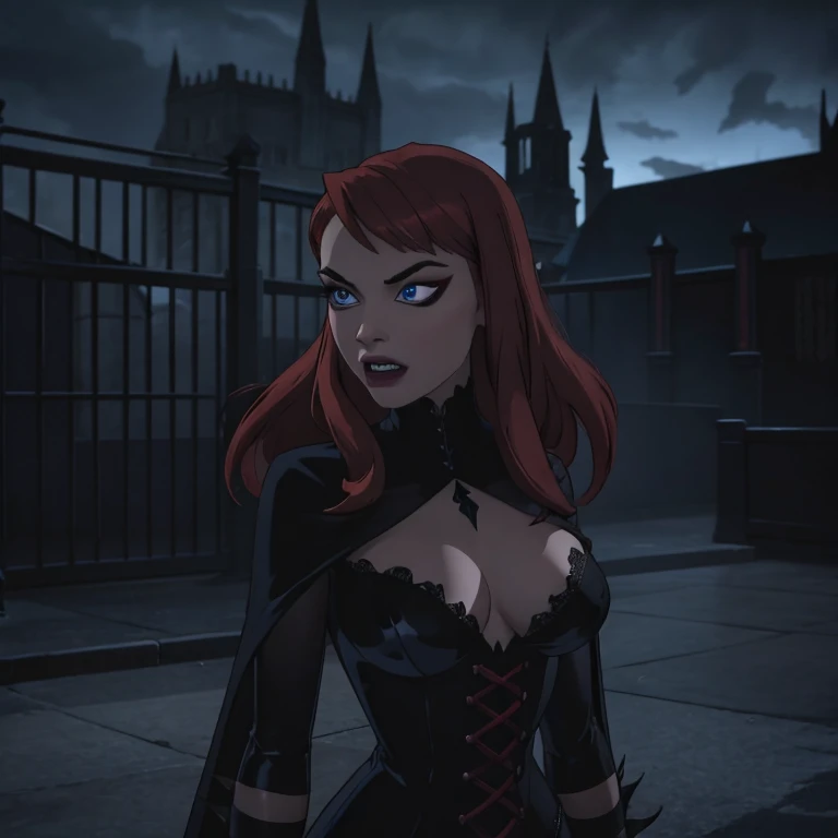 a lady dracula in black lace bride dress, enchanting glowing blue eyes, long red hair, sexy body, thin waist, detailed portrait, elegant, gothic, dark fantasy, dramatic lighting, cinematic, highly detailed, 4k, photorealistic, dark eerie atmosphere, dramatic shadows, dramatic colors, seductive pose, ((glowing eyes)) , long teeth vampire, dead  white skin, unholy churche, bloody red flowers 