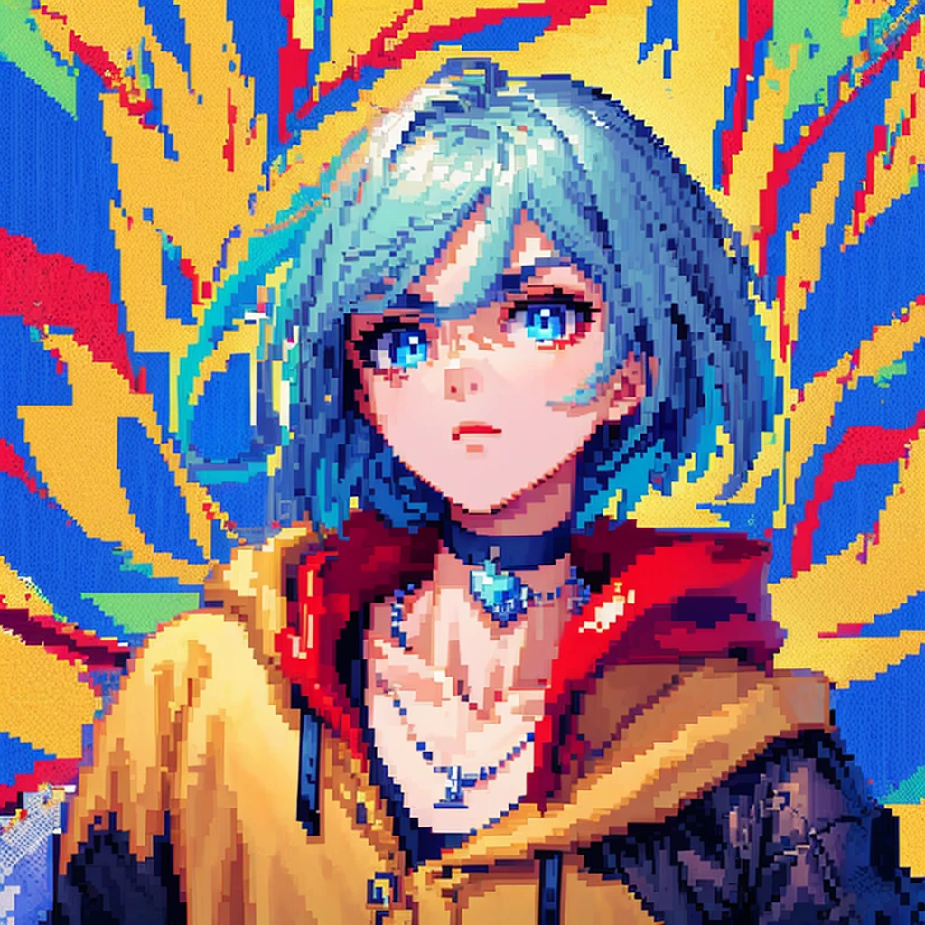 ((The style of pixel art)), pix, 4-bit pixel art, 1 Boys close, Face only, Beige hair, blue hairs, Blue eyes, choker necklace,Loose hoodie,Black hoodie, Pixel official art, absurd res, view the viewer, solofocus, Dynamic Angle, Head tilt, , Ultra-fine pixel art