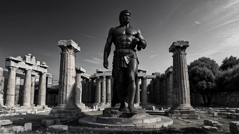A dark landscape of an ancient Greek society deeply connected to stoicism deeply black and white ancient Greek architecture include one single big statue of a stereotypical strong Greek man Markus awrelius