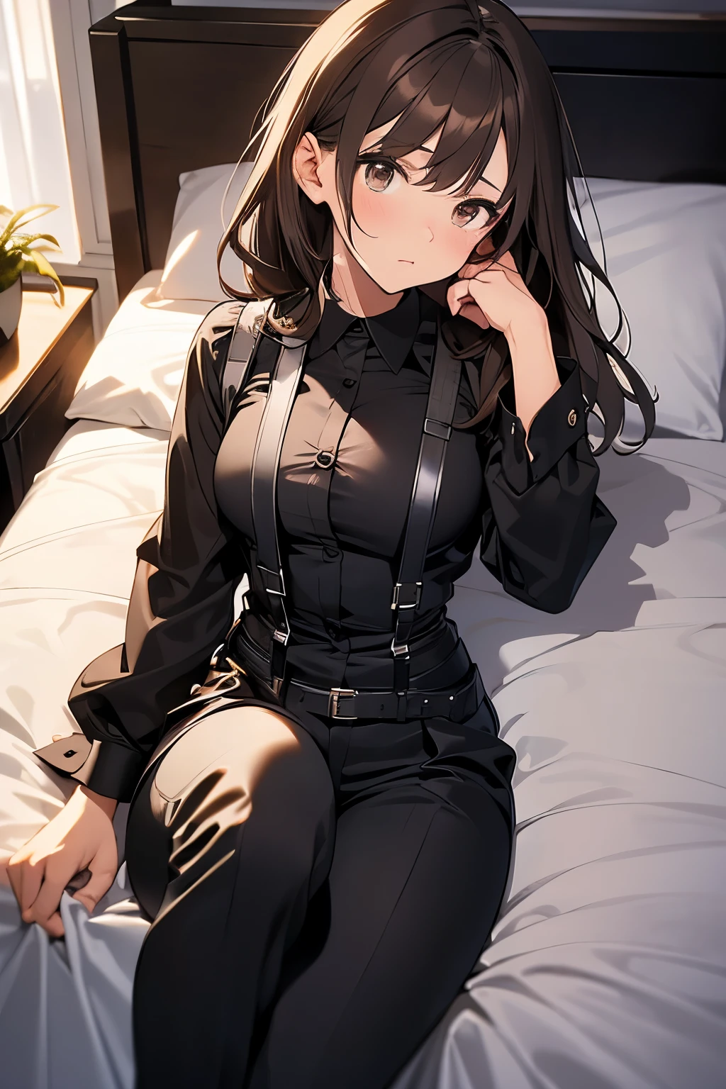 Brown Hair、Staring at the audience Black suspenders bulging big breasts wall: Black pantsuit sight Small face holster Beautiful woman Show your hand Lying in bed sight Taunt side side汗 arm Dress shirt Black Suit belt
