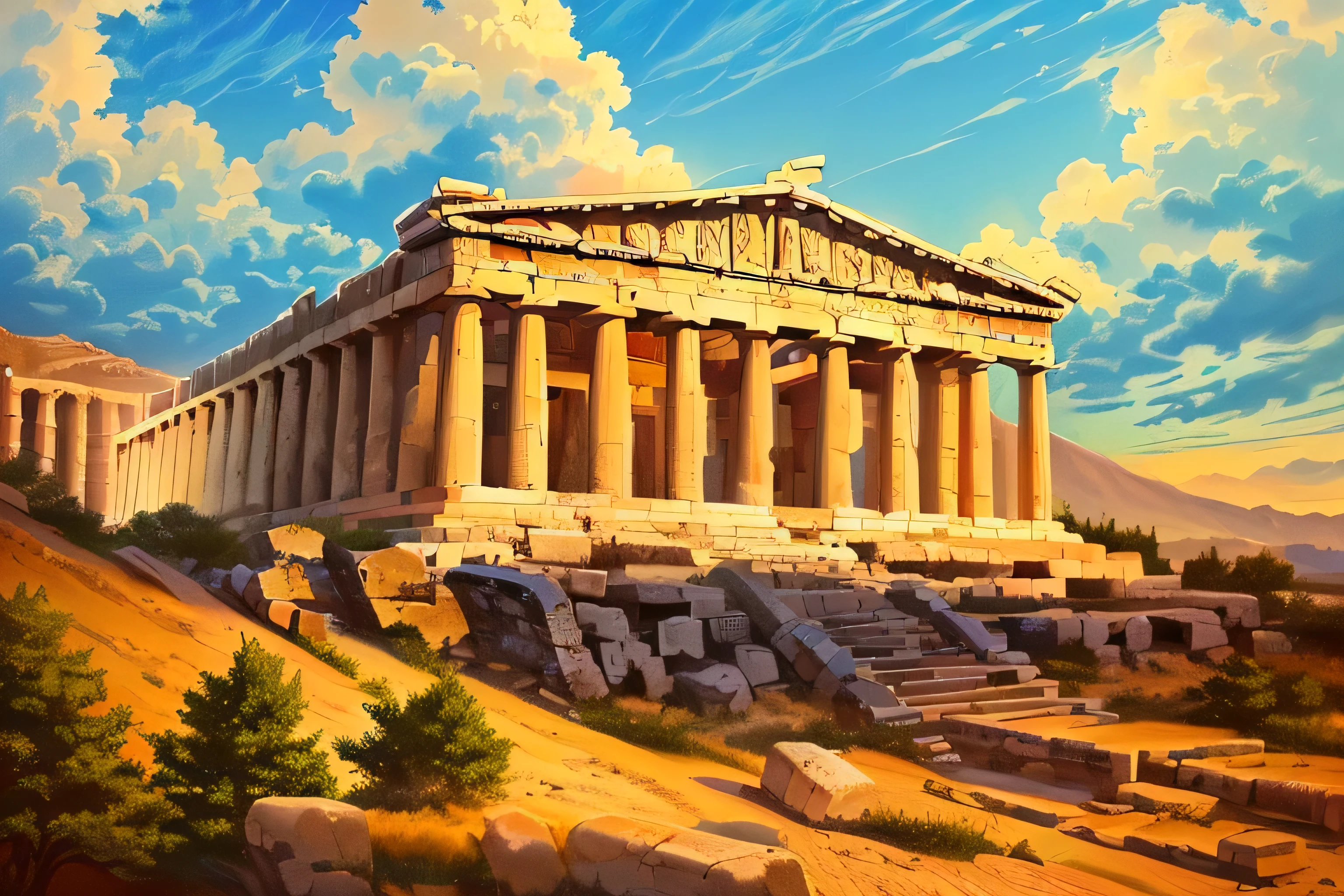 A painting of a large building with columns and stairs on top of a hill, ancient Greek Temple, Greek Temple, Acropolis in Greece, Ancient Greece語 city, Ancient Greece語 ruins, Parthenon temple, ancient Greek Temple ruins, Greek architecture, Greek Temple background, Ancient Greece, Ancient Greece語 style, Ancient Greece語, Classical Greece, Ancient temples, Ancient Marble City, Full color illustrations
