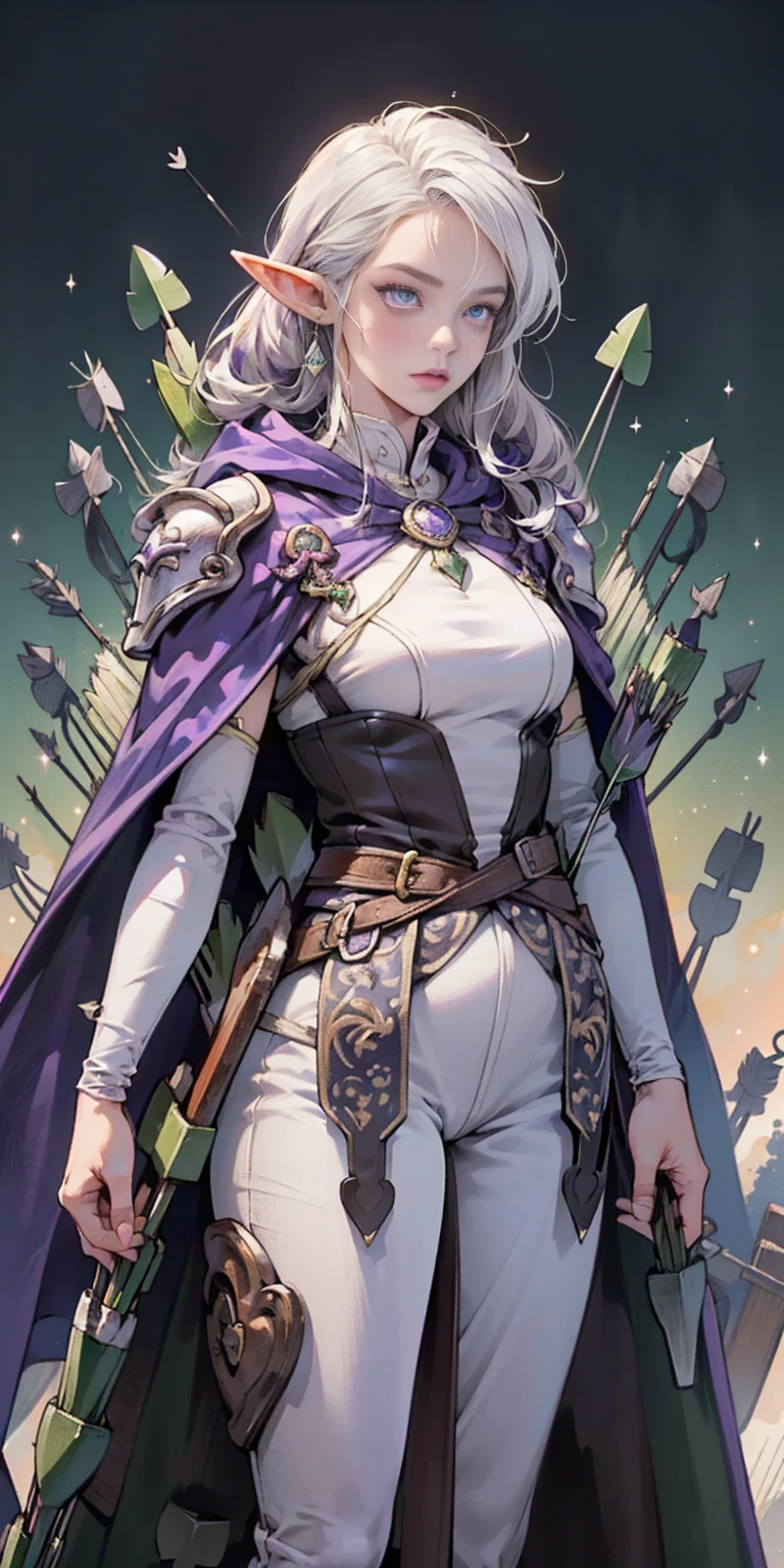 ((masterpiece, best quality, high res, sharp focus, ultra detailed, extremely detailed, photorealistic artwork:1.37, extremely detailed CG unity 8k wallpaper, vibrant colors, vibrant theme, intricate details)) dark elf female, woman:1.5,1 woman, elf female, dark elf (female, muscle, 1girl, pectoral, woman chest, muscular) 25 year old woman, young ((1female,1 female,1woman, woman, female gender:1.5, beautiful woman, female focus)) (((elf))) (((elf ears))) dark elf, pointed ears (((purple_eyes:1.3))) intricate eyes, beautiful detailed eyes, symmetrical eyes (((dark skin:1.5))),white hair,(((lustrous skin:1.5, bright skin: 1.5, skin tanned, shiny skin, very shiny skin, shiny body, plastic glitter skin, exaggerated shiny skin, illuminated skin))) young beautiful female, perfect body, perfect face ((detailed face)) expressive eyes, serious face, (ultra-detailed:1.3) beautiful detailed glow, finely detailed ultra-detailed, (light armor, greatcoat, layered clothing, (purple cape with hood:1.2, purple cape, hood)) ((intricate outfit, intricate clothes)) ((quiver with arrows:1.5,arrow quiver:1.5)) (dynamic pose:1.0) mocking serious attitude,(centered, scale to fit dimensions, Rule of thirds) ((scenery at night)) scenery:1.25 ((bedroom background))