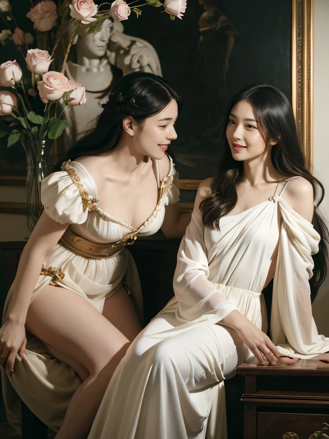 Female angel with two white wing,full body portrait or statue、Sandro Botticelli painting style,Arguments of two female Philosophe,math、astronomical machine、astronaut、roses in vase、fruits、Cute trinkets、smile、ancient greek costume、Ancient Roman landscape in the style of Nicolas Poussin,laughter,,Sweet and seductive appearance.、Caravaggio's paintings、Chiaroscuro of Caravaggio、hair tousled by the wind,Two women frolicking,cute smile, expression of ecstasy,Sexy,erotic