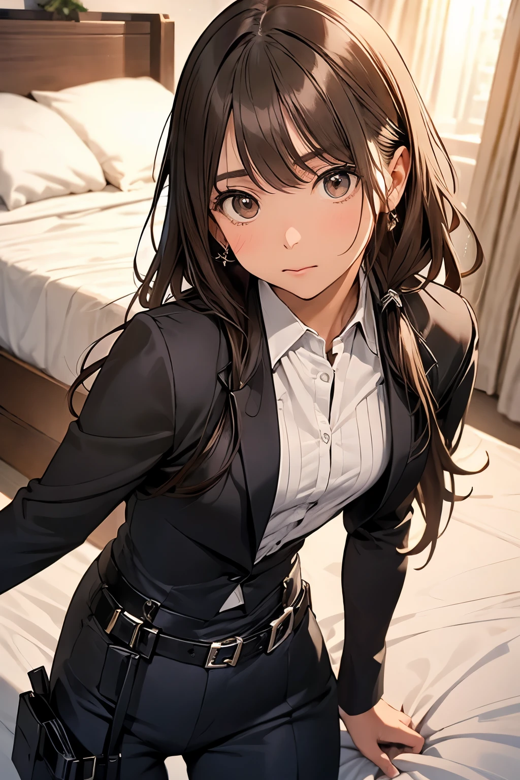 Brown Hair、Staring at the audience　　　Black suspenders　　　bulging big breasts　　 　 　　　wall: 　Black pantsuit　　　　　　sight　　　Small face　 　　　holster　　　Beautiful woman　　Show your hand　　 Lying in bed　　sight 　　Taunt　side　side汗 　arm　Dress shirt　Black Suit　belt