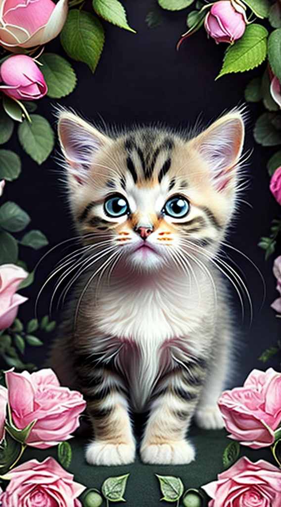 In this super detailed CG artwork, Cute kitten surrounded by ethereal roses, lolter, best quality, high resolution, Intricate details, fantasy, Cute animals, open mouth, lol!!