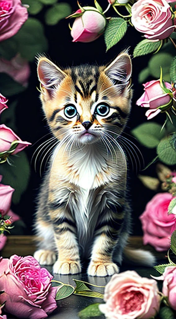 In this super detailed CG artwork, Cute kitten surrounded by ethereal roses, lolter, best quality, high resolution, Intricate details, fantasy, Cute animals, open mouth, lol!!