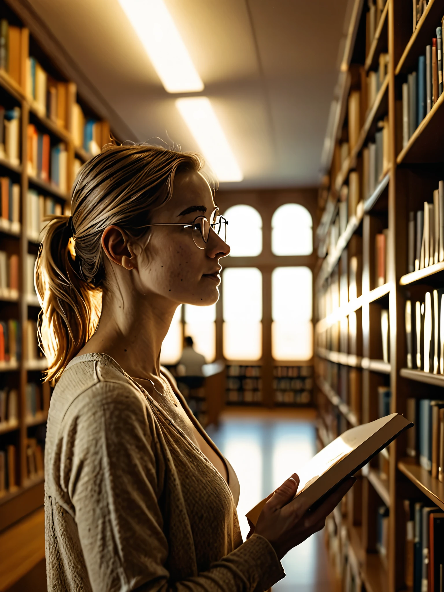Woman and library with soft ambient light and front angle