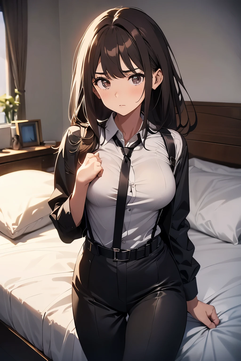 Brown Hair、Staring at the audience Black suspenders bulging big breasts wall: Black pantsuit sight Small face holster Beautiful woman Show your hand Lying in bed sight Taunt side side汗 arm Dress shirt Black Suit belt