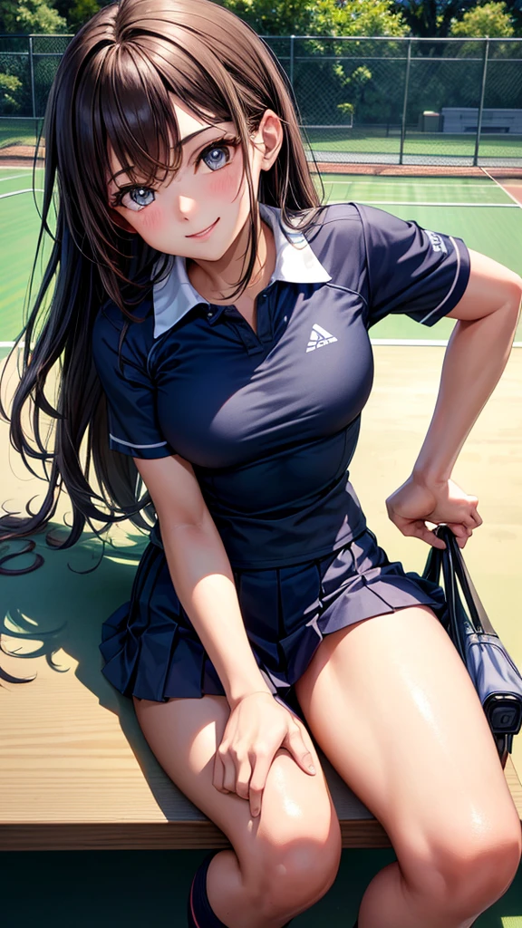 sksbrooke person, sksbrooke, (masterpiece:1.2), (best quality:1.2), perfect eyes, perfect face, 1girl, solo, brown eyes, (medium breasts), perky breasts, blue and black tennis uniform and shirt, tennis court background, smiling, sitting on the bench, arms behind back 
