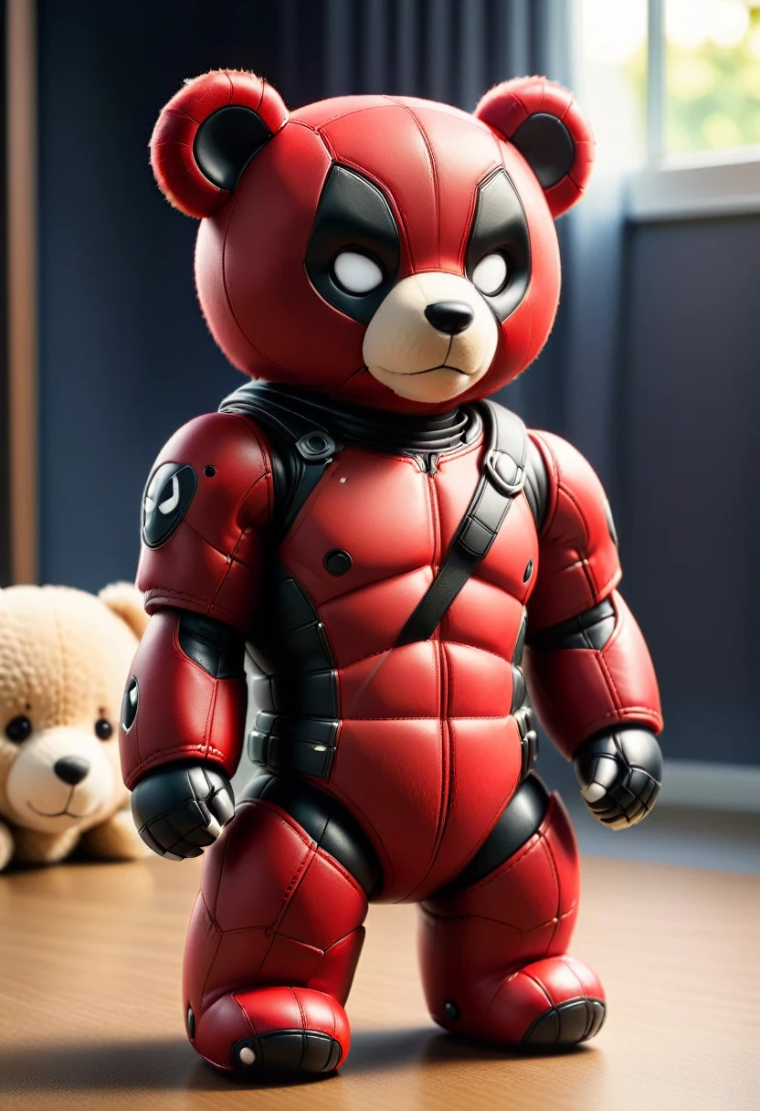 DeadpoolStyle Teddy Bear, 24 mm, (mock, Movie, Film Grain:1.3), Bokeh, (masterpiece:1.3) (best quality:1.2) (high quality:1.1)