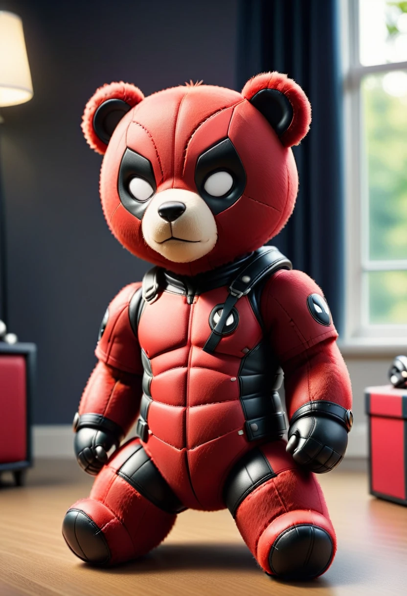 DeadpoolStyle Teddy Bear, 24 mm, (mock, Movie, Film Grain:1.3), Bokeh, (masterpiece:1.3) (best quality:1.2) (high quality:1.1)