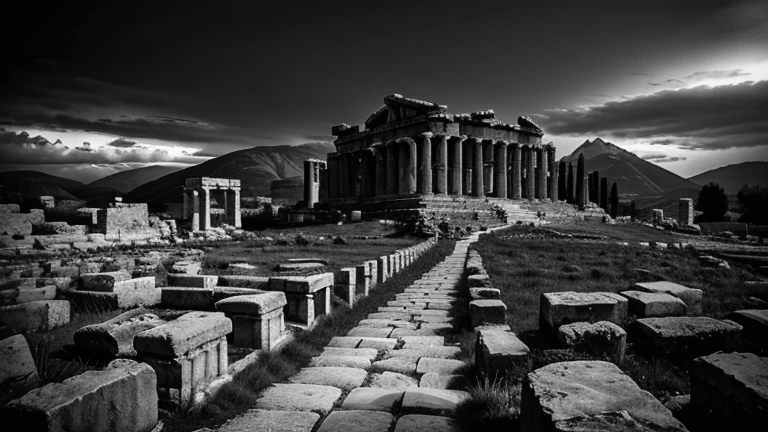 dark landscape of an ancient Greek society deeply connected to stoicism deeply black and white ancient Greek architecture include one single big statue of a stereotypical strong Greek mountain with stone village scary deep black