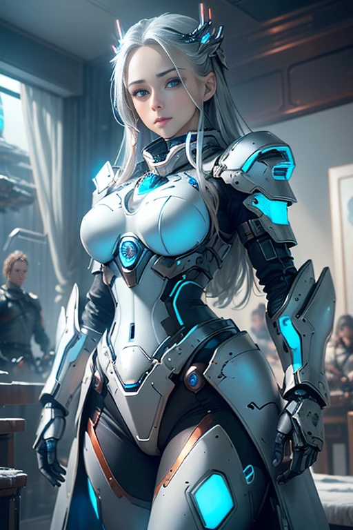 Photorealistic image ((masterpiece)), ((High quality)) UHD 8K, beautiful girl , Slim and realistic transformable robot, (medium breasts), (thin waist), (Long silver hair), (Blue eyes), ((Hyper realistic mecha armor, with red metal and intricate icy blue lights)), (in combat position, In a futuristic ship, Science fiction