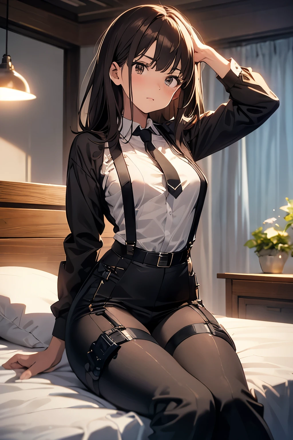 Brown Hair、Staring at the audience　　　Black suspenders　　　bulging big breasts　　 　 　　　wall: 　Black pantsuit　　　　　　sight　　　Small face　 　　　holster　　　Beautiful woman　　Show your hand　　 Lying in bed　　sight 　　Taunt　side　side汗 　arm　Dress shirt　Black Suit　belt