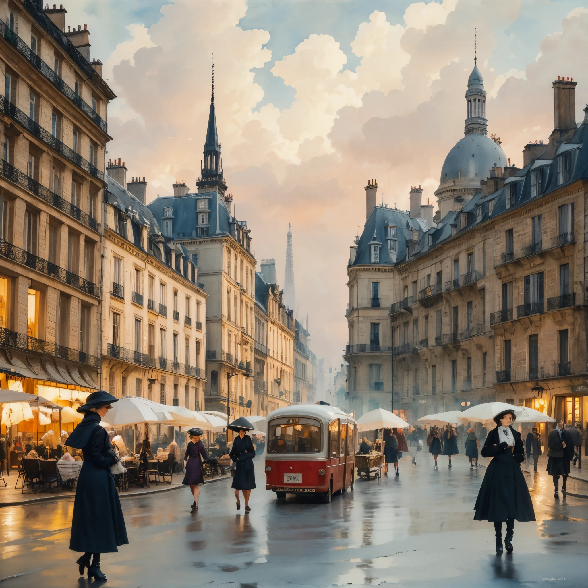 Paris , stormy scene, Edwardian women in white, watercolour