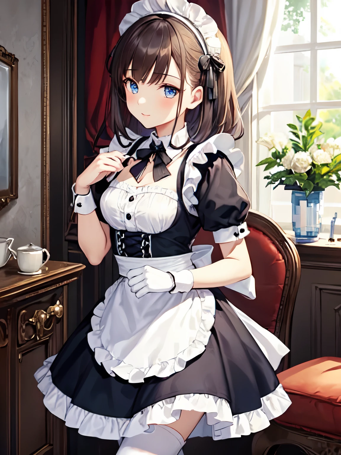 (((Pixel Perfect, Perfect in every detail))), silica、alone, 1 girl, silica, White maid outfit、Victorian maid clothes、sexy、 Maid&#39;s Headdress, Looking at the audience, smile