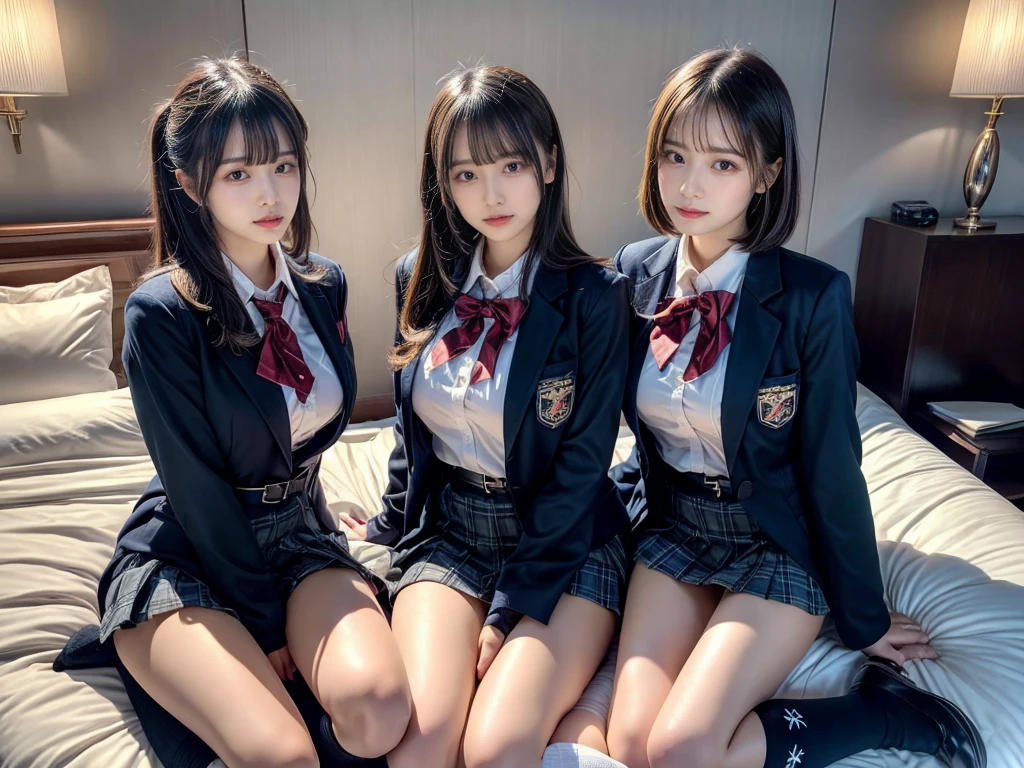 (8K, Raw photography, top-quality, ​masterpiece:1.2), master piece, best quality, illustration, Super detailed, fine details, High resolution, 8K,wall paper, perfect dynamic composition,(Details High quality, realistic depiction of eyes:1.3), ((2 girls, 2 schoolgirls)), The background is a luxury hotel room、High school girl uniform、blazer 、Super Short Check Uniform Skirt、Navy blue high socks、garterbelts、Colossal tits、Disturbed uniform, Play with each other,Touching each other's bodies,Touching the body of the girl next door, short bob hair, black hair color, huge breasts, Big Natural Color Lip, bold sexy pose, (perfect body shape), crying a little、cold gaze,  Beautiful makeup,glitter makeup,Cutest 18 years old, beautiful legs, hposing Gravure Idol, Voluptuous thighs