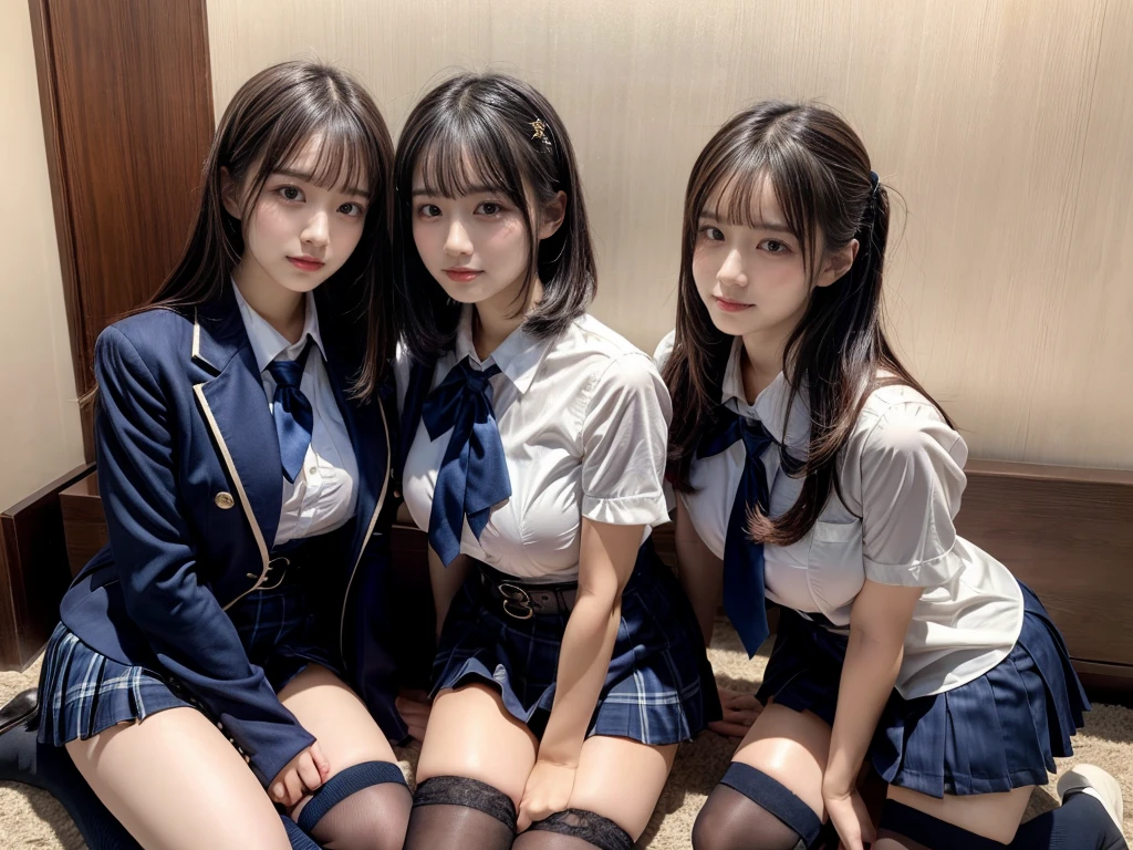 (8K, Raw photography, top-quality, masterpiece:1.2), master piece, best quality, illustration, Super detailed, fine details, High resolution, 8K,wall paper, perfect dynamic composition,(Details High quality, realistic depiction of eyes:1.3), ((2 girls, 2 schoolgirls)), The background is a luxury hotel room、High school girl uniform、blazer 、Super Short Check Uniform Skirt、Navy blue high socks、garterbelts、Colossal tits、Disturbed uniform, Play with each other,Touching each other's bodies,Touching the body of the girl next door, short bob hair, black hair color, huge breasts, Big Natural Color Lip, bold sexy pose, (perfect body shape), crying a little、cold gaze, Beautiful makeup,glitter makeup,Cutest 18 years old, beautiful legs, hposing Gravure Idol, Voluptuous thighs