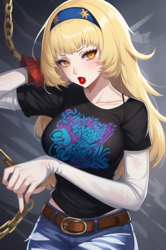 celes chere, blonde hair, blue headband, 1girl, solo, black t-shirt, white shirt, blue jeans, belt, lipstick, large breasts, layered sleeves
