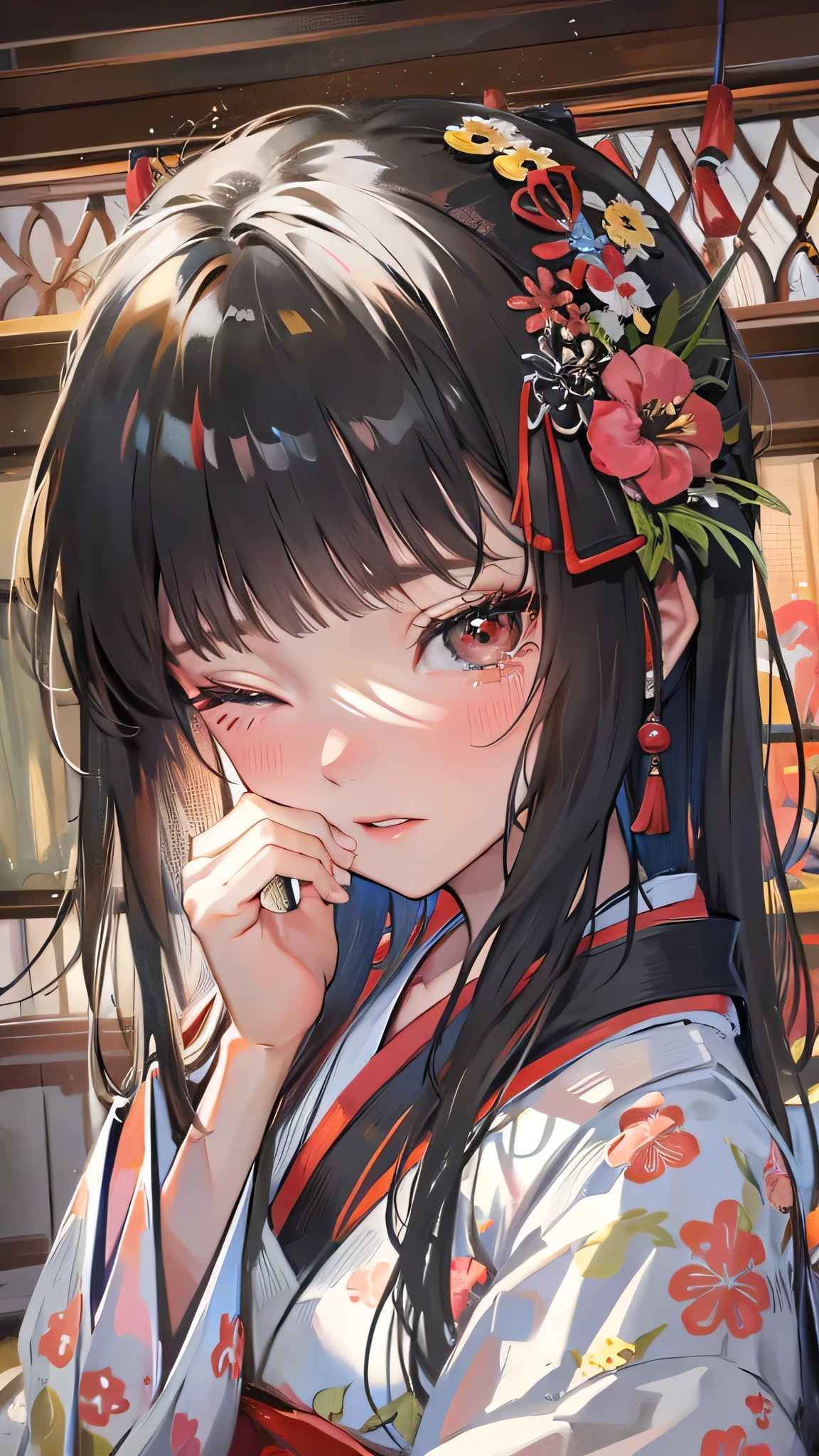(rest style), (in the japanese bedroom), (sit down on japanese futon) (looking pov) (solo blunt bangs black hair long hair shrine maiden cute girl, sexy closed eyes with tears:1.3, to mouth, 15 yo), (in a plain white yukata), BREAK, perfect anatomy, masterpiece, best quality, 16k, beautiful detailed grow, daydreaming expression.
