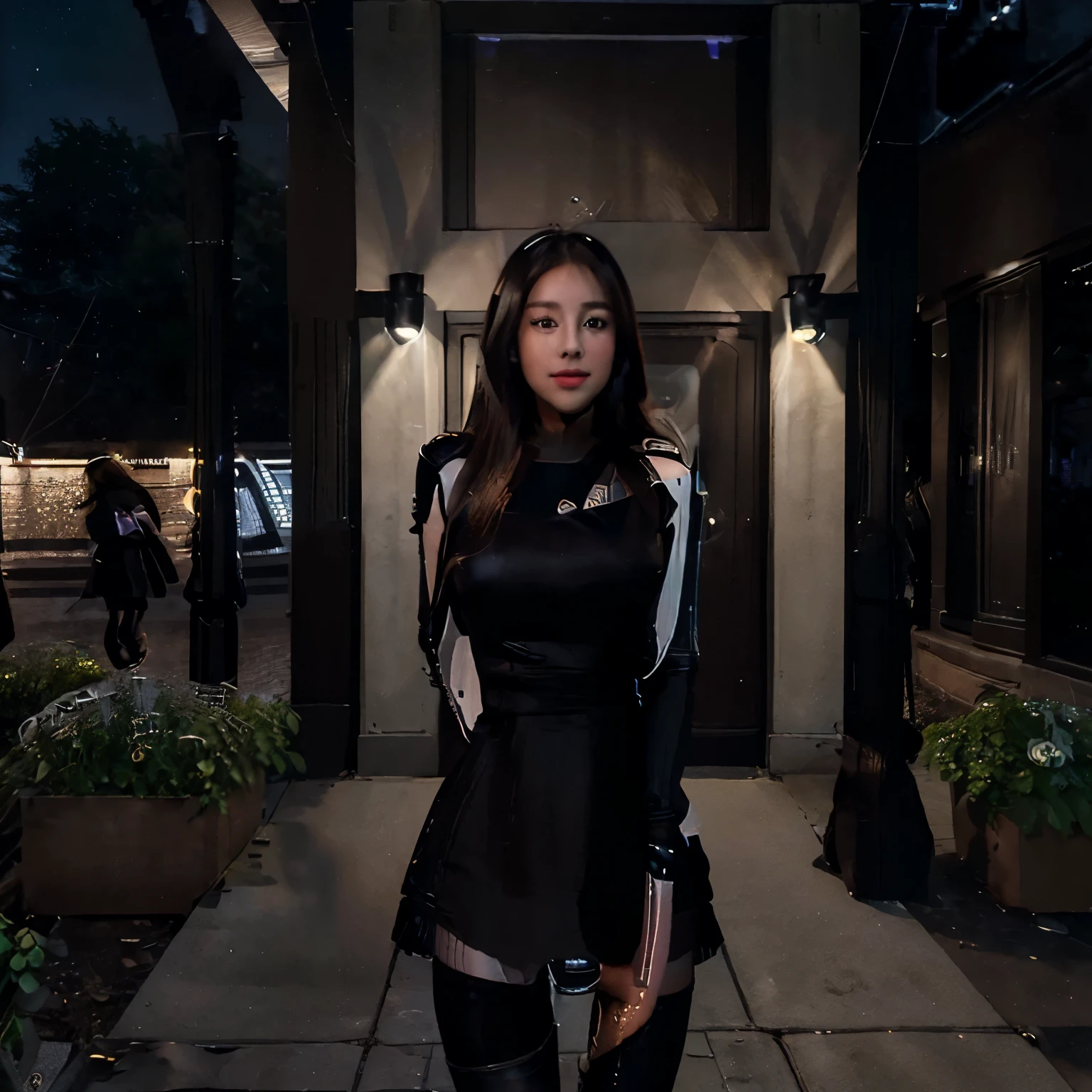 ((Realistic lighting, Best quality, 8K, Masterpiece: 1.3)), Clear focus: 1.2, 1girl, Perfect body beauty: 1.4, Slim abs: 1.1, ((dark brown hair)), (mini warp dress: 1.4), (Outdoor, night: 1.1), village, Super Fine Face, Fine Eyes, Double Eyelids, (Over the knee black stockings: 1.5)
