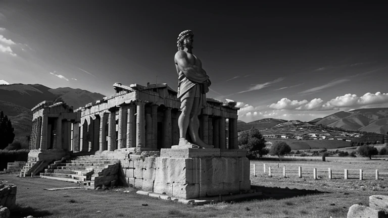 dark landscape of an ancient Greek society deeply connected to stoicism deeply black and white ancient Greek architecture include one single big statue of a stereotypical strong Greek man Markus awreliu old stonage village mountain one statue of Marcus