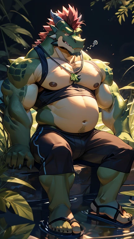 Big buff dark blue cartoon alligator with a oversized inflated dark blue stomach, deep blue, big bellybutton, dark blue back, Black transparent spiky tank top overhanging on top of his huge stomach, blowing bubblegum, green necklace with dragon tooth, concerned look on his face, high pink blushing, spiky beige mohawk hairline, red arm necklace, muscular build with nipples, body hair on his chest and on his oversized stomach, water dribbling from his muscular body, Black shorts, sandals, sitting in a swamp lake and farting out a huge enormous light green toxic gas cloud with bubbles coming out from the water leaving a putrid smell。