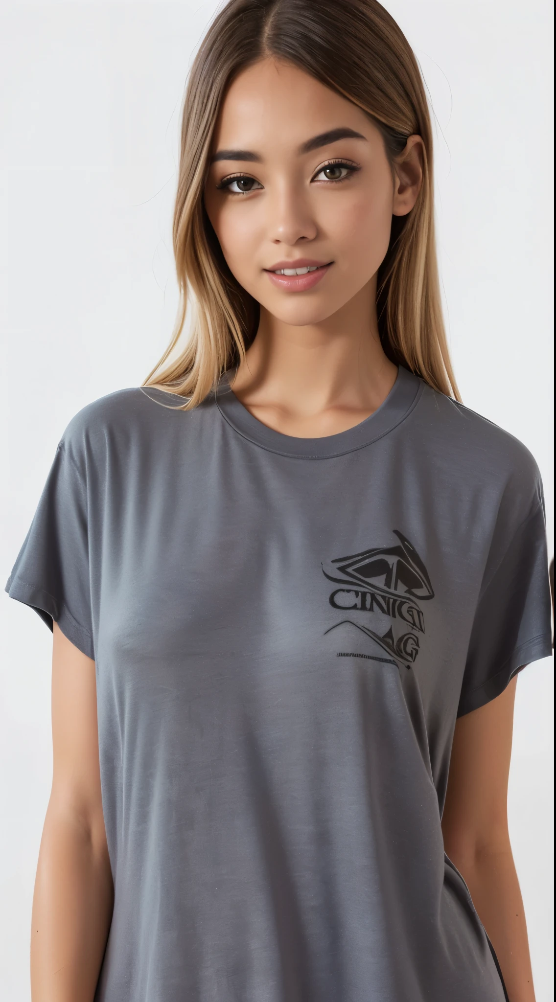 um close de uma mulher vestindo uma camisa cinza e sorrindo, Manga curta, camisa cinza, cinza escuro, enlarged neck, close da parte superior do corpo, vestindo uma camiseta muscular, em fundo cinza, close da parte superior do corpo, high angle close-up, vestindo uma camiseta, vista frontal superior lateral, graphic t-shirts, manga larga cropped