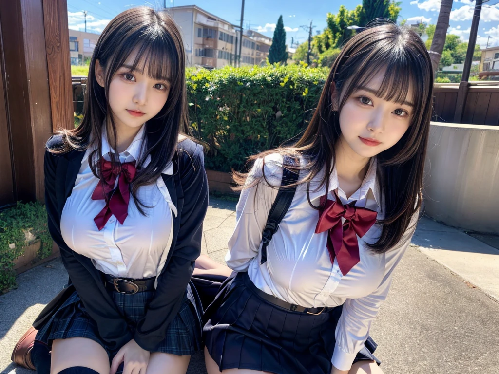 (8K, Raw photography, top-quality, masterpiece:1.2), master piece, best quality, illustration, Super detailed, fine details, High resolution, 8K,wall paper, perfect dynamic composition,(Details High quality, realistic depiction of eyes:1.3), ((2 girls, 2 schoolgirls)), The background is a luxury hotel room、High school girl uniform、blazer 、Super Short Check Uniform Skirt、Navy blue high socks、garterbelts、Colossal tits、Disturbed uniform, Play with each other,Touching each other's bodies,Touching the body of the girl next door, short bob hair, black hair color, huge breasts, Big Natural Color Lip, bold sexy pose, (perfect body shape), crying a little、cold gaze, Beautiful makeup,glitter makeup,Cutest 18 years old, beautiful legs, hposing Gravure Idol, Voluptuous thighs
