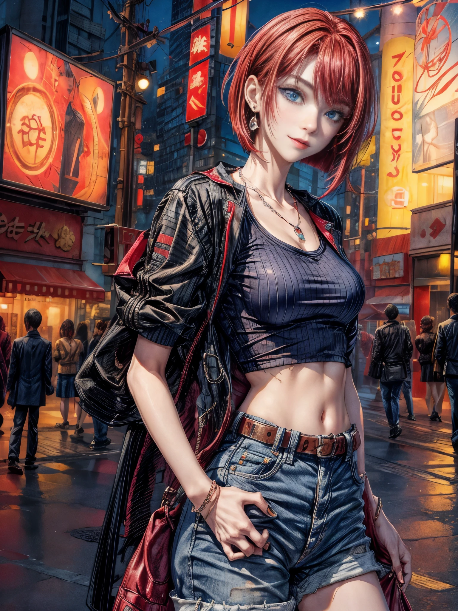 Cinema Lighting、highest quality,Cyberpunk World、1 female、(Beautiful 20year old woman、Beautiful facial details 、Medium Bob Hair、Blue Eyes、GAL make up:1.4)break,(vivid Shiny red Hair Color:1.6)(smile:1.3)
break
(A sexy summer style relaxed oversize long tee shirt in ホワイト、Belly button:1.2),sexy、Damaged short pants (necklace)、break.(red Hair)BREAK
(night、nightwalk、Downtown intersection、On the sidewalk、After work:1.2)(evening:1.5)(Portrait Angle)