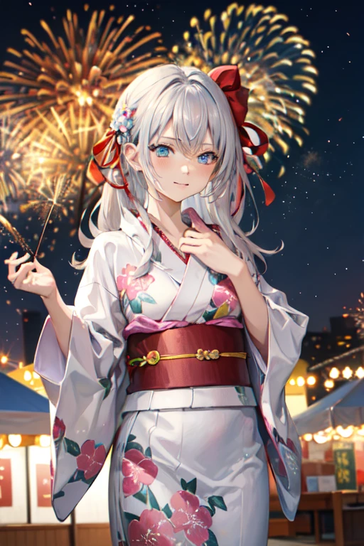 masterpiece, highres, highest quallity, illustration, cinematic light, ultra detailed, detailed face, detailed eyes, best quality, hyper detailed, masterpiece, detailed face,beautiful face,perfect body,1girl,16years old,student,long hair, blue eyes,hair ribbon, white hair, pov,red ribbon,cowboy shot,seductive posture,((motion lines)),silver yukata,wide cuffs,long hem,yukata hair style,hair ornament,fireworks in the sky,japanese fan,Road lined with food stalls