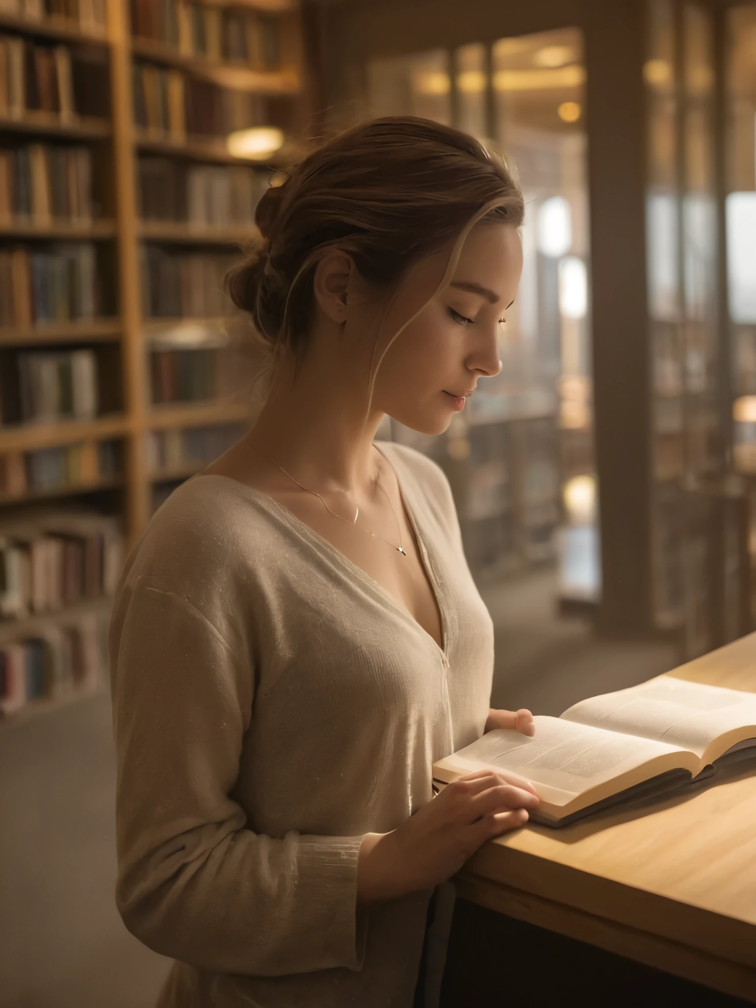 Woman and library with soft ambient light and front angle