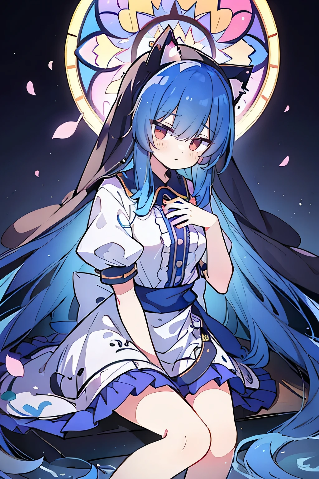 (masterpiece:1.2),Extremely detailed,Practical,expressive eyes,Fair skin,Perfect face shaping,1 Girl,
Japanese cartoons,Gorgeous blue hair, the long flowing blue hair,Floating clothes,Cat ears,Petals fall,beautiful lola,Young Angel,
Place your hands on your waist,sit elegantly on the ground,Cross your legs,Gentle and peaceful background,church,nun.