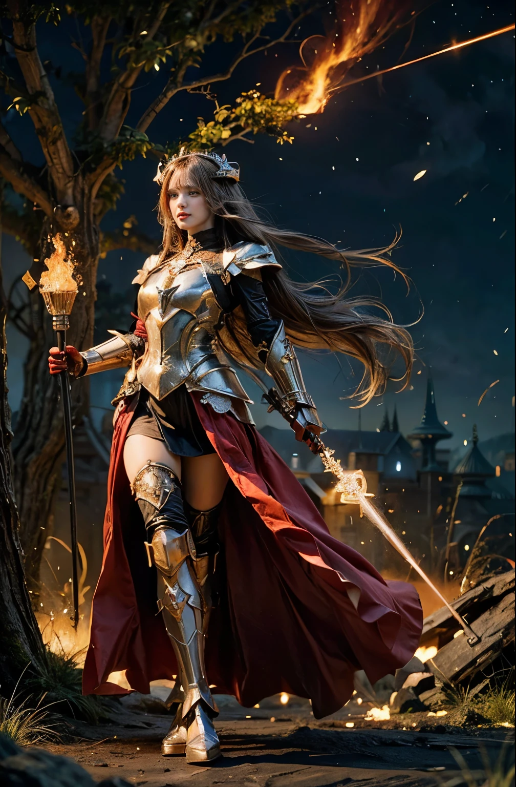 (Detailed illustrations,Very detailed and detailed drawing,Delicate lines with slow and rapid,Realistic texture expression),[Color tressed main line],(Fantasy World Battlefield Background [Burning castle]),((ROBOT GIRL) (red knight [[corinthian helmet]streamline][muscular])[WEAPON MACHINE[Princess Knight][[METALFACE]]]),[red dragon armor[scale]][[luxurious embroidered cloak]],[red dragon pattern],[use a sword as a weapon],[[Mobile Weapon Gigant Size][Science Fiction Mechanical]],((gorgeous shiny armor)),(Intricate and beautiful decoration [Dense detail]),[transparency],(Precisely drawn face)[Perfect eyes detailed(Iris beautifully drawn in every detail)[eyes like jewels]],[long and beautiful eyelashes],[Meticulously drawn hair [Beautiful and lustrous hair detailed]],(Perfectly hand detailed [Beautiful fingers without breakdowns [Beautiful nails]]),(Perfect Anatomy(Perfectly proportioned))[[full body portrait]],[Ideal color coordination(Accurate simulation of light-material interactions)],([Precision Detail](detailed,High definition)),[Visual art that conveys a sense of narrative].