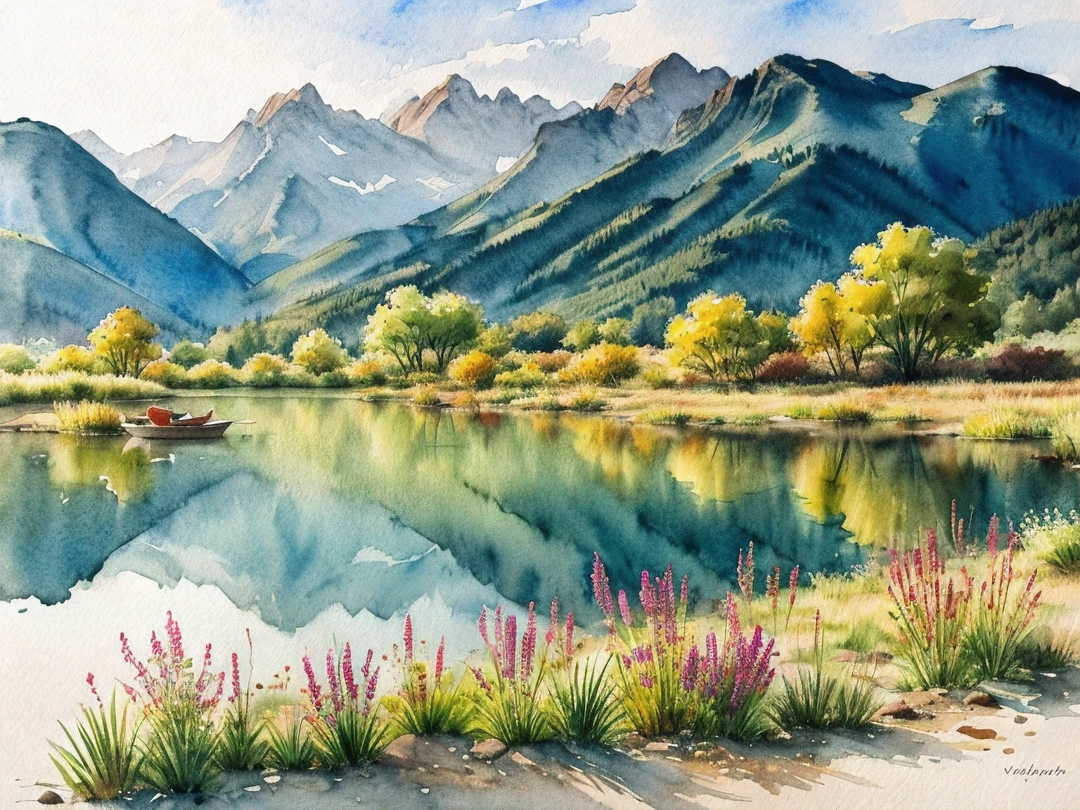 (Watercolor Landscape) : sunset，Alafud boats on the shore of a mountain lake, autumn calm, beautiful lake, Warm and beautiful scene, Magnificent natural scenery, Stunning colors, Wallpaper with nature, Colorful and whimsical landscape, Red Lake, Beautiful nature, осенний sunset, epic beautiful landscapes, Immerse yourself in nature, The scenery is beautiful, beautiful lake background, Stunning nature in the background, Colors are bright and rich in a hyper-realistic landscape., In photorealistic colors, 4K, cinema lighting, natural light, Attention to detail, Photorealistic, volumetric lighting and shading, 4K HD matte digital painting, Stunning 8K Images,HDR color,ultra-realistic high-definition and detailed watercolor paint,((watercolor style)),watercolor