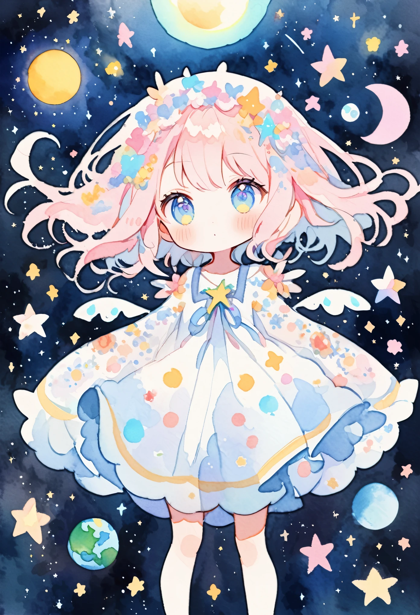 Earth from Space, Moon and sun, Shining Star々, ((Stars Shining in the Darkness, Girl in a dress:1.2, pastel colour)), Watercolor:1.2, Whimsical and delicate, Like an illustration in a children&#39;s book, Gentle brushwork, Dim, The pale colors create a fantastical look, Drawing on a vast scale, Fancy Art.