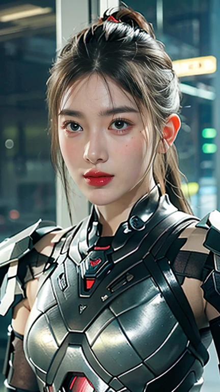 Game Art，Best image quality，Highest Resolution，8k，((Bust photo))，((Portraiture))，(Three-part method)，Unreal Engine 5 rendering， (Future Girl)，(Woman warrior)，22-year-old girl，(Long Hair Casual)，(Futuristic military wear，Beautiful eyes with attention to detail)，(Big Breasts)，(eye shadow)，Elegant and attractive，smile，(Frowning)，(Clothes packed with futuristic sci-fi style，sweater，Delicate pattern，Shining Jewels，armor，White and red)，Cyberpunk characters，Futuristic Style， Photo pose，Street background，Cinema Lighting，Ray Tracing，Game CG，((3D Unreal Engine))，OC Rendering Reflective Pattern