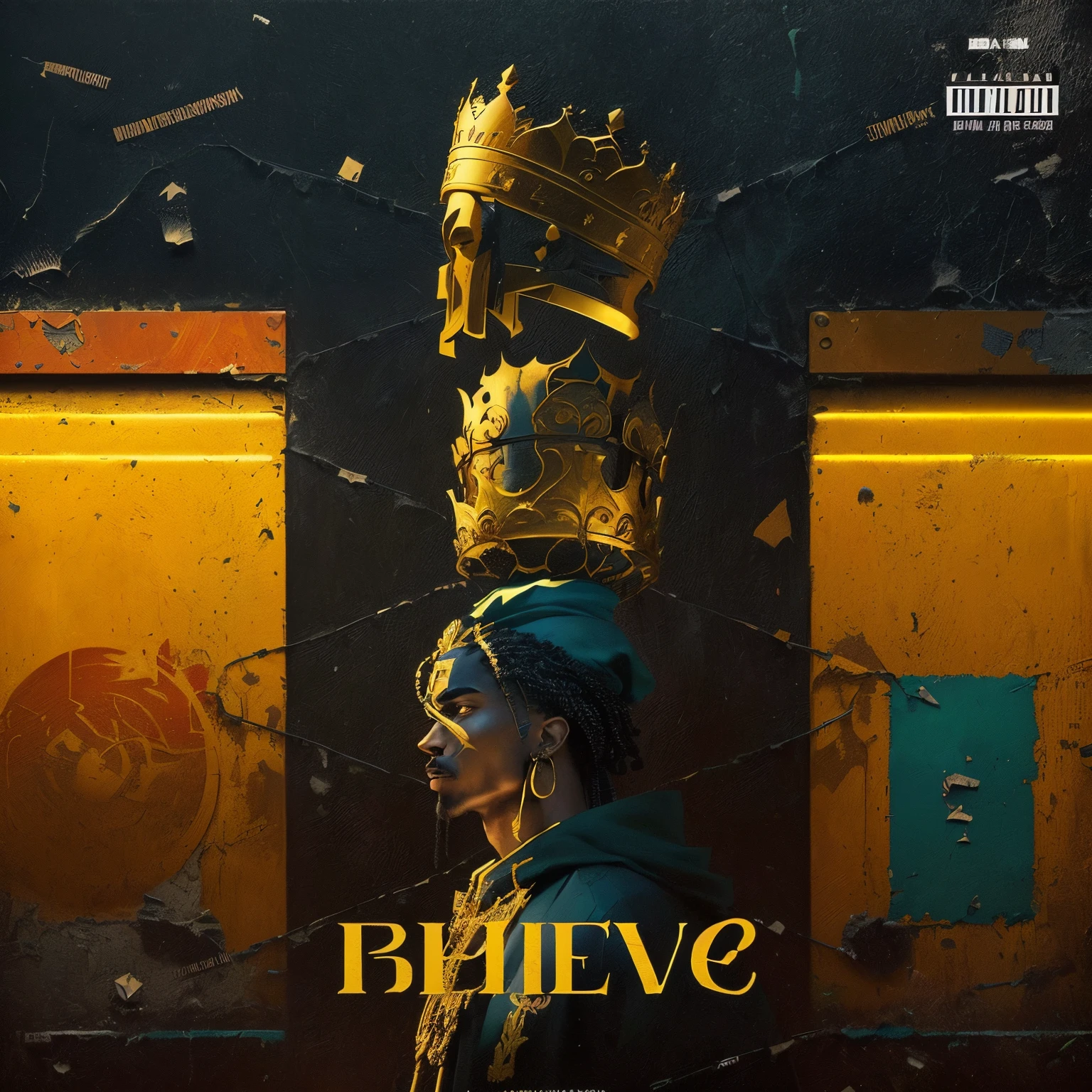 a poster of a man with a crown on his head, music album cover, music album art, official artwork, photorealistic music album cover, hip hop music album cover, rap album cover, hip - hop album art cover, rap album cover art, hip hop album cover art, album cover design, album cover style, hip hop album cover, album cover concept art