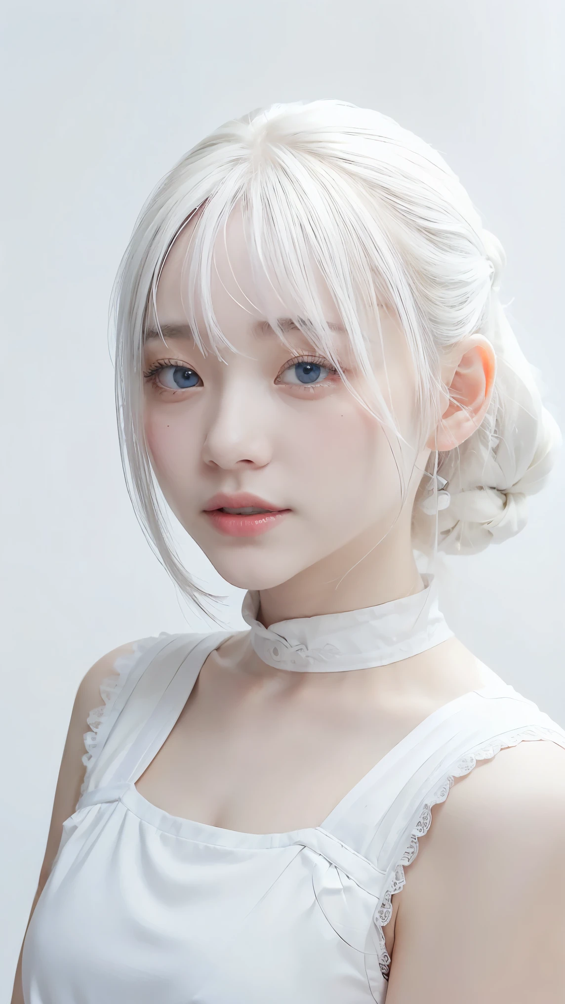 (((white background:1.3)))、highest quality, Masseter muscle part, High resolution, albino girl、(((1 girl))), ************,(((The eyes are white:1.3)))、white dress、((white shirt:1.3、White Block Dress)), Tyndall effect, realistic, shadow studio,Ultramarine lighting, dual tone lighting, (high detail skin: 1.2)、dim lighting、dark lighting、 Digital single-lens reflex camera, photograph, High resolution, 4k, 8k, background blur,fade out beautifully、White world、white background